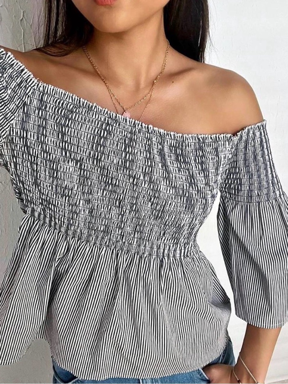 Hollister Off-Shoulder Smocked Peplum Top - Black & White